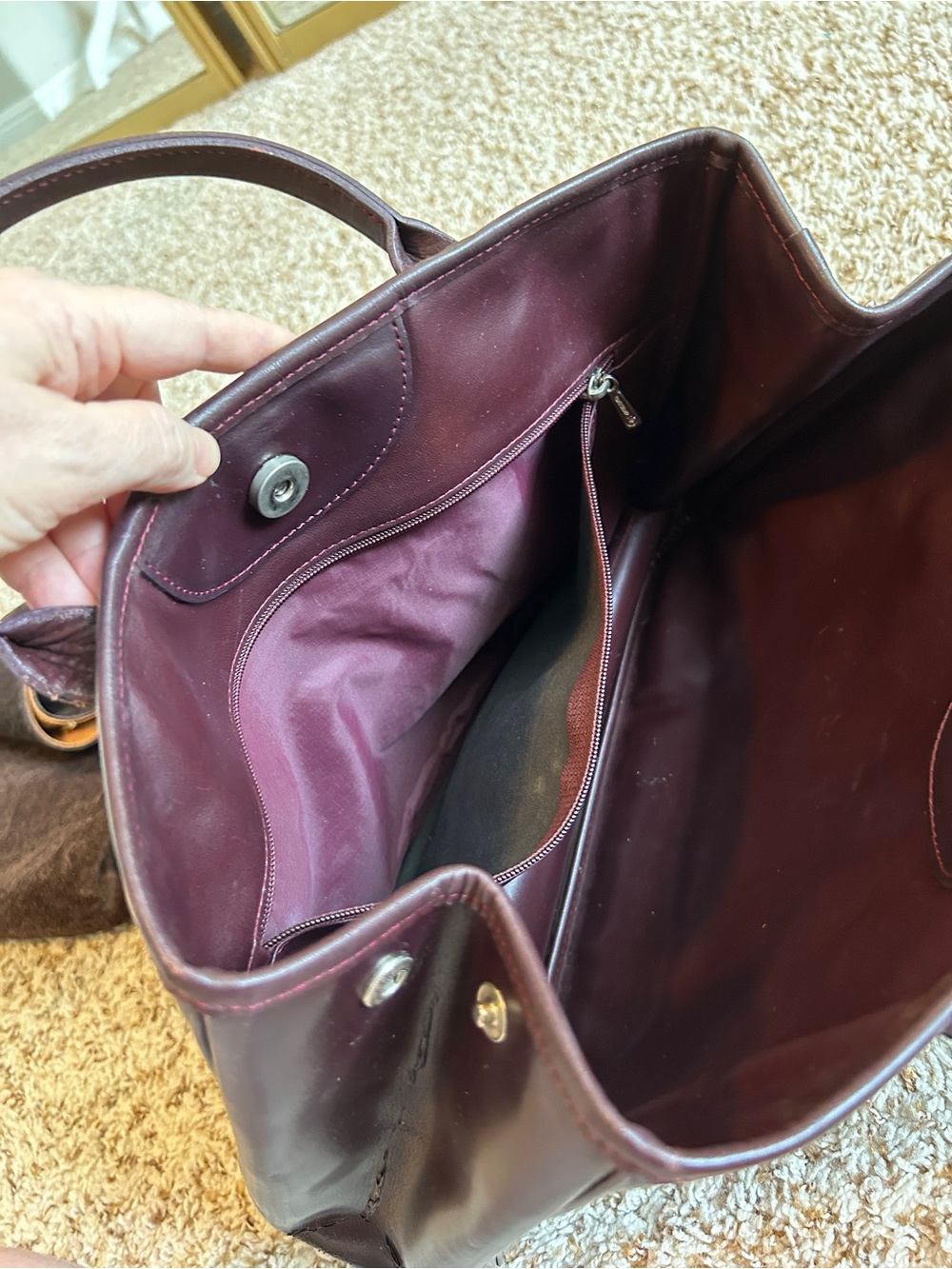 Longchamp Le Roseau Burgundy Brown Leather Handbag Silver Bamboo Clasp Vintage - Picture 11 of 15